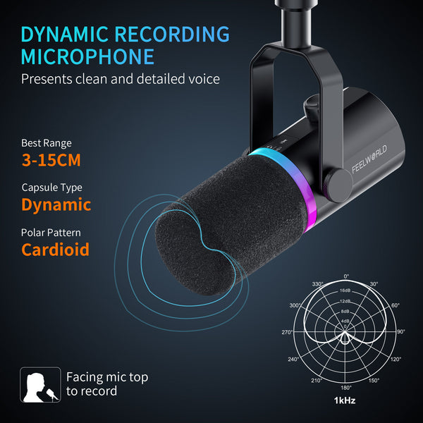 FEELWORLD PM1 USB XLR dynamisk mikrofon med bomarm til podcast-optagelse af gaming livestream