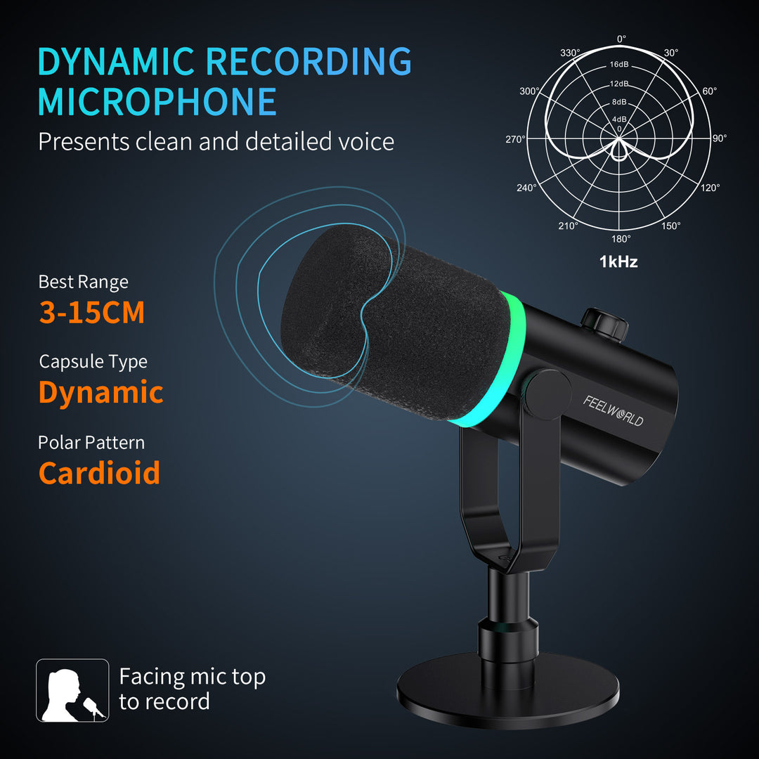 FEELWORLD PM1 XLR USB Dynamic Microphone with Desktop Stand Stand for