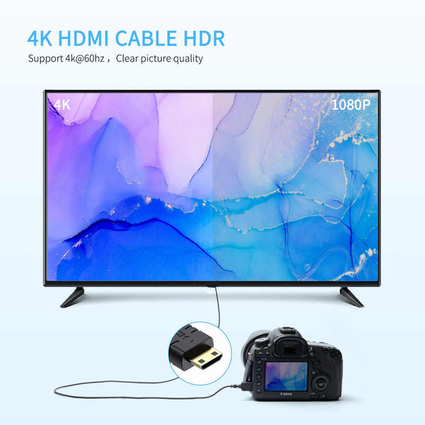 FEELWORLD Ultra Nipis 4K Mini HDMI ke HDMI Kabel 1.5FT, 2.5mm Slim HDMI 2.0 Kabel, Menyokong Kelajuan Tinggi 4K@60Hz 2160p 1080p 18gbps 3D HDR untuk Kamera, Kamkoder, Komputer riba, Tablet