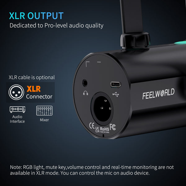 FEELWORLD PM1 USB XLR dynamische microfoon met boomarm voor podcastopname Gaming Live Stream