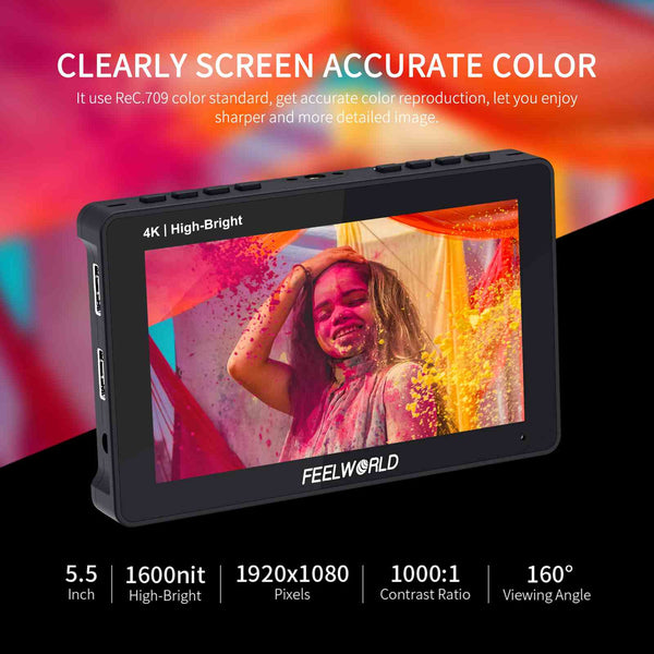 FEELWORLD F5 PROX Màn hình máy ảnh DSLR độ sáng cao 5.5 inch 1600nit F970 Cài đặt và Bộ nguồn
