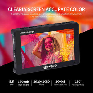 FEELWORLD F5 PROX 5.5-инчов 1600nit High Bright DSLR Camera Field Monitor F970 Монтаж и комплект за захранване