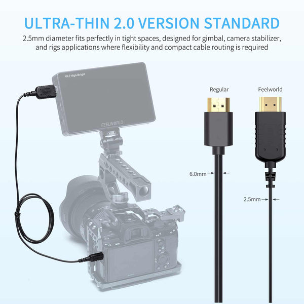 FEELWORLD Ултра тънък 4K микро HDMI към HDMI кабел 3 фута, 2.5 мм тънък HDMI 2.0 кабел, поддържа високоскоростен 4K@60Hz 2160p 1080p 18gbps 3D HDR за фотоапарат, видеокамера