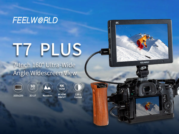 FEELWORLD T7 PLUS 7 colių 3D LUT DSLR fotoaparato lauko monitorius su bangos formos 4K HDMI aliuminio korpusu su F550 baterija