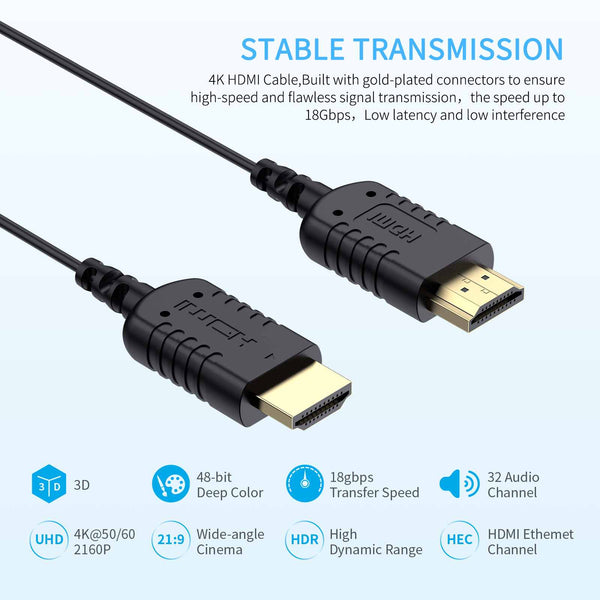 FEELWORLD Ultra Thin 4K HDMI to HDMI Cable 1.5FT, 2.5mm Slim HDMI 2.0 Cable, Support High Speed ​​4K@60Hz 2160p 1080p 18gbps 3D HDR for Camera, Camcorder, Monitor, Gimbal