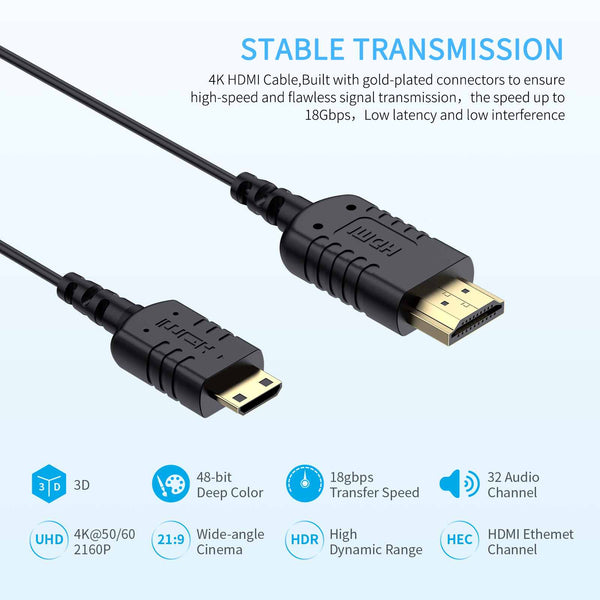 FEELWORLD Ultra Thin 4K Mini HDMI to HDMI Cable 1.5FT, 2.5mm Slim HDMI 2.0 Cable, Support High Speed 4K@60Hz 2160p 1080p 18gbps 3D HDR for Camera, Camcorder, Laptop, Tablet