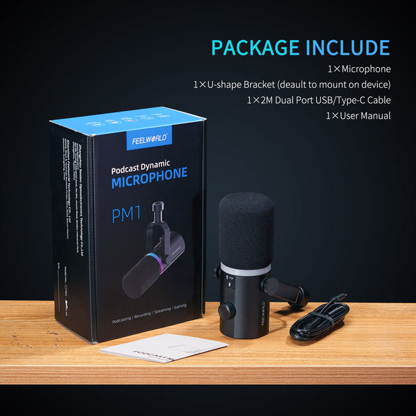 FEELWORLD PM1 XLR USB динамичен микрофон за подкастинг, запис, игри, поточно предаване на живо