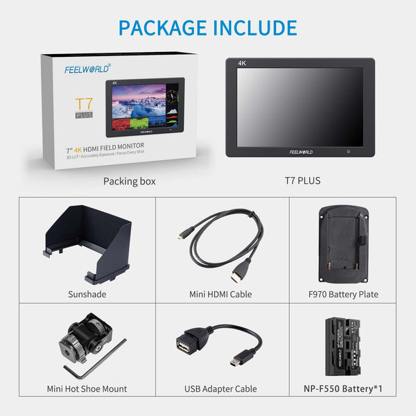 FEELWORLD T7 PLUS 7 İnç 3D LUT DSLR Kamera Saha Monitörü, Dalga Biçimli 4K HDMI Alüminyum Muhafaza, F550 Pil