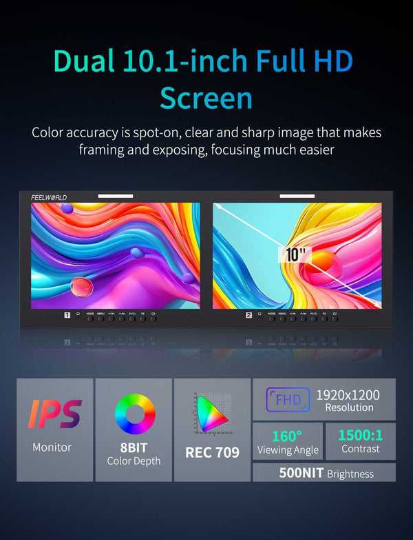 FEELWORLD D101 PLUS-H Dual 10.1 Inch 4RU Rack Mount Broadcast Monitor 4K HDMI CVBS 1920x1200IPS
