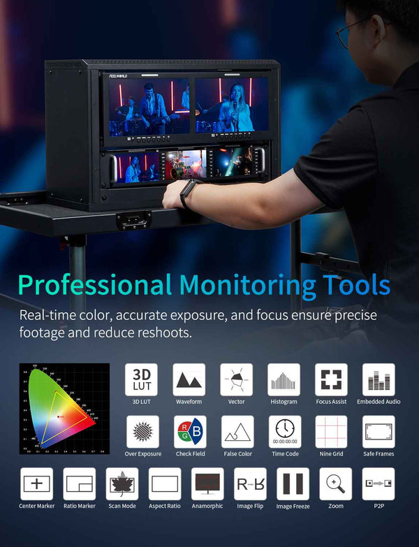 FEELWORLD D101 PLUS-H Dual 10.1 Inch 4RU Rack Mount Broadcast Monitor 4K HDMI CVBS 1920x1200IPS