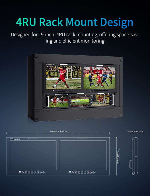 FEELWORLD D101 PLUS-H Dual 10.1 Inch 4RU Rack Mount Broadcast Monitor 4K HDMI CVBS 1920x1200IPS