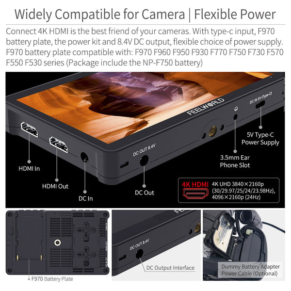 FEELWORLD F5 Pro V4 6 英寸触摸单反相机现场监视器带 F750 电池和包
