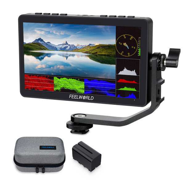 FEELWORLD F5 Pro V4 6 collu skārienekrāna DSLR kameras lauka monitors ar F750 akumulatoru un somu