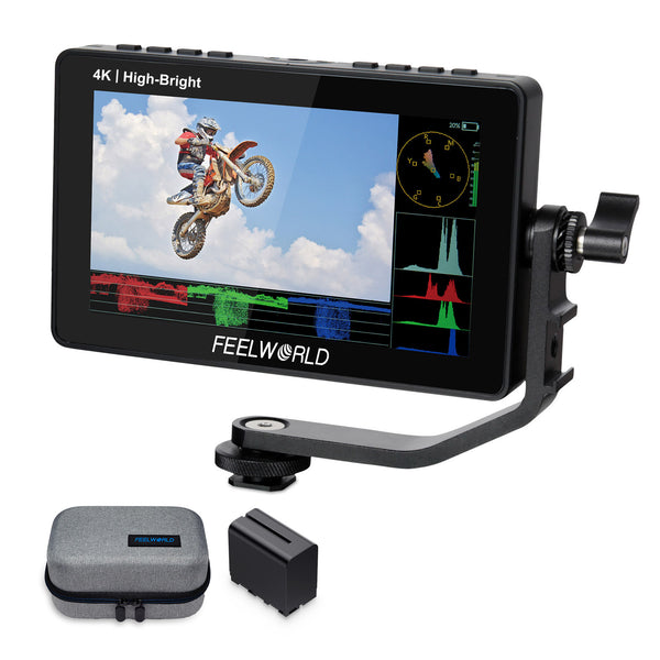 FEELWORLD F5 PROX 5.5 Zoll 1600nit High Bright DSLR-Kamera-Feldmonitor F970 Installations- und Stromversorgungskit mit F970-Akku und Tasche
