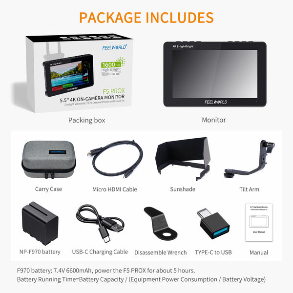 FEELWORLD F5 PROX 5.5 inch 1600nit High Bright Camera DSLR Field Monitor F970 Kit de instalare și alimentare cu baterie F970 și geantă