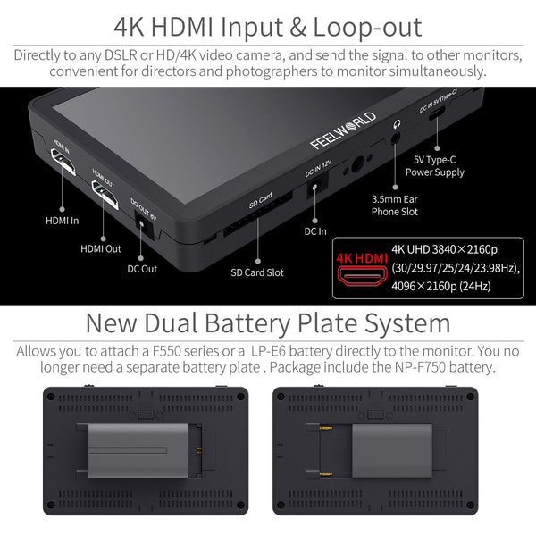 FEELWORLD F6 PLUS 6-инчов малък сензорен екран 3D LUT Камера DSLR Полеви монитор 1920x1080 HD 4K HDMI с F750 батерия и чанта