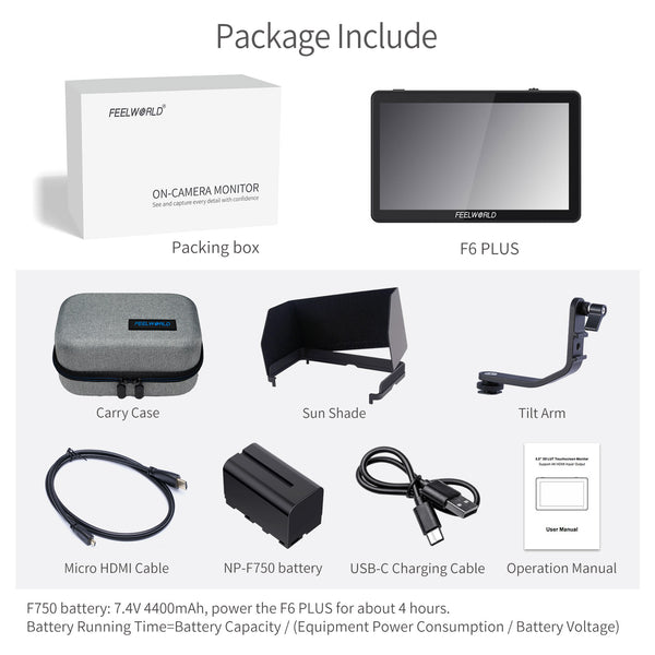 FEELWORLD F6 PLUS 6 英寸小型触摸屏 3D LUT 相机 DSLR 现场监视器 1920x1080 高清 4K HDMI 带 F750 电池和包