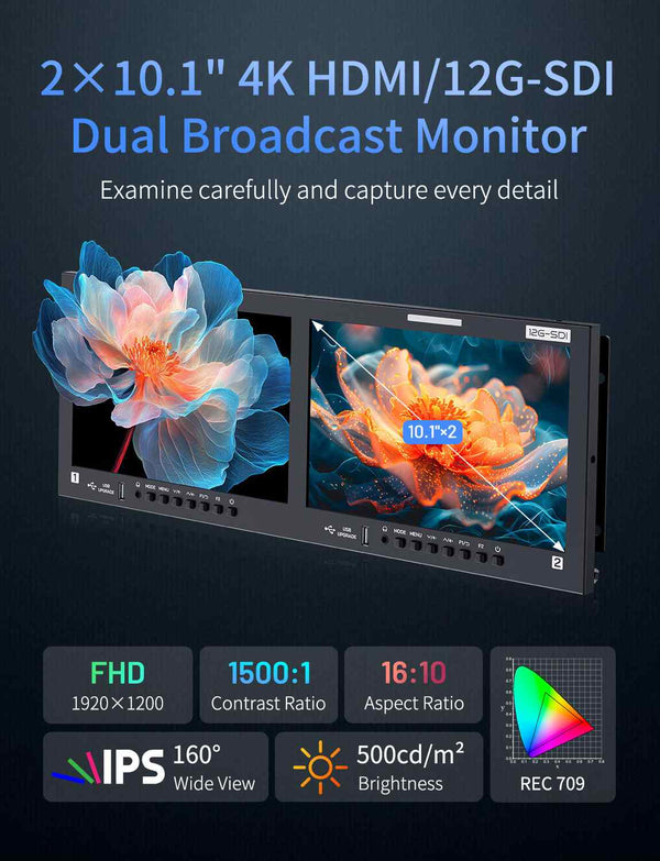 FEELWORLD FRM1001G Dual 10.1 Inch 4RU Rackmount Monitor 12G SDI 4K HDMI 1920x1200 IPS