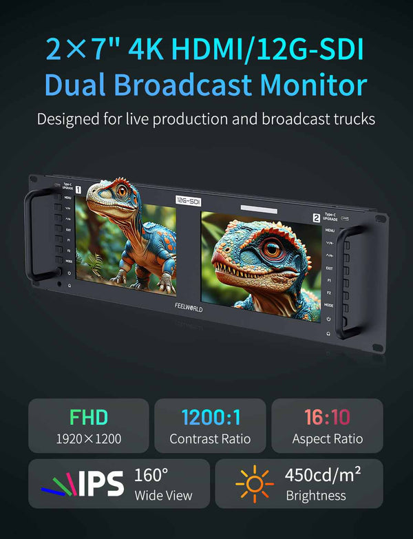FEELWORLD FRM701G Dual 7 Inch 3RU Rackmount Monitor 12G-SDI 4K HDMI 1920x1200 IPS