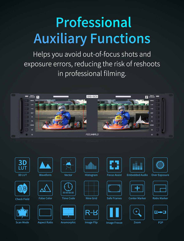 FEELWORLD FRM701G Dual 7 Inch 3RU Rackmount Monitor 12G-SDI 4K HDMI 1920x1200 IPS