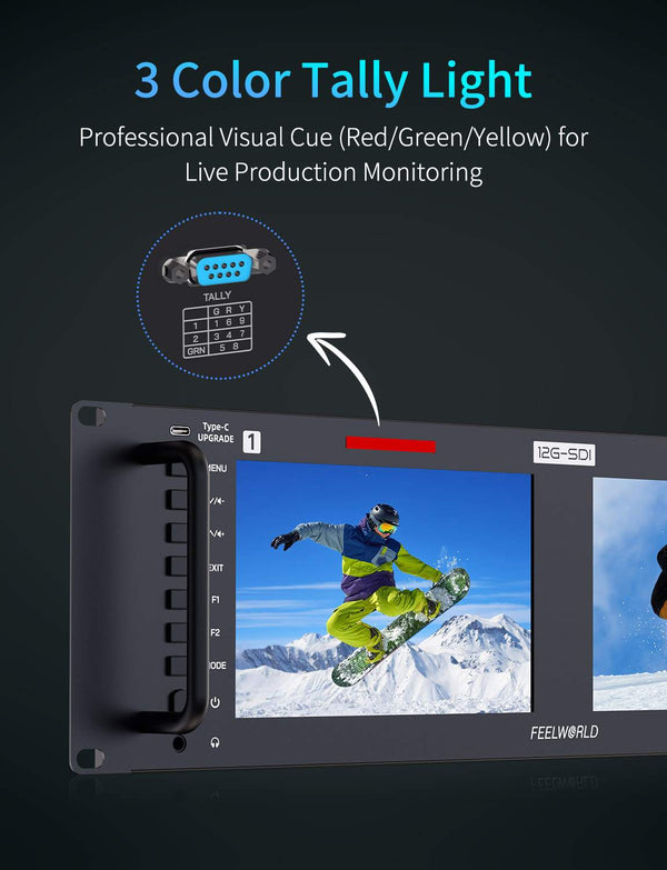 FEELWORLD FRM701G Dual 7 Inch 3RU Rackmount Monitor 12G-SDI 4K HDMI 1920x1200 IPS