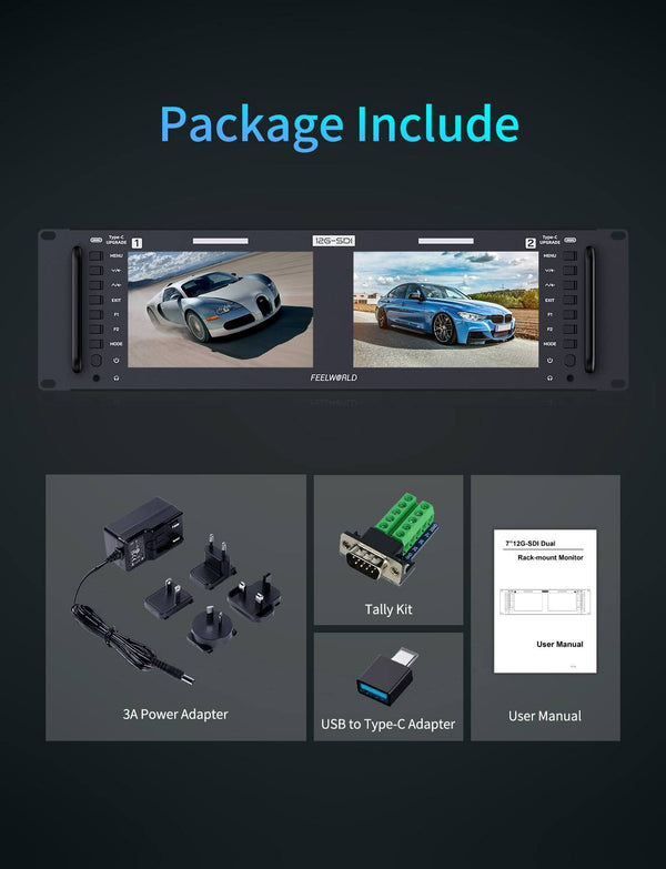 FEELWORLD FRM701G Dual 7 Inch 3RU Rackmount Monitor 12G-SDI 4K HDMI 1920x1200 IPS
