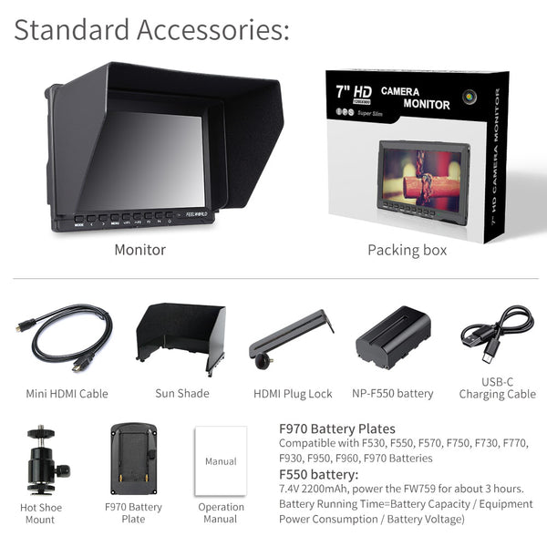 FEELWORLD FW759 Cameră DSLR subțire de 7 inchi Monitor de câmp HD Video Assist IPS 1280x800 4K HDMI AV cu baterie F550