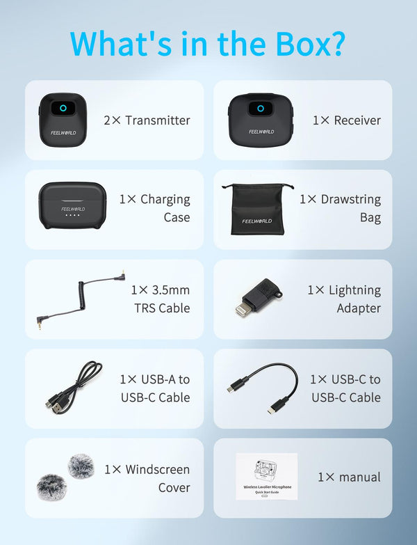 FEELWORLD LM1 Wireless Lavalier Microphone for Phone Computer Camera 2TX+1RX+Charging Case