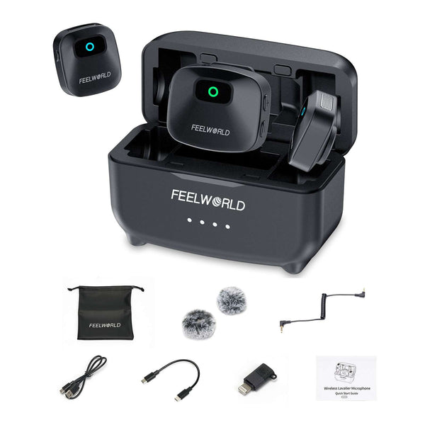 FEELWORLD LM1 Wireless Lavalier Microphone for Phone Computer Camera 2TX+1RX+Charging Case
