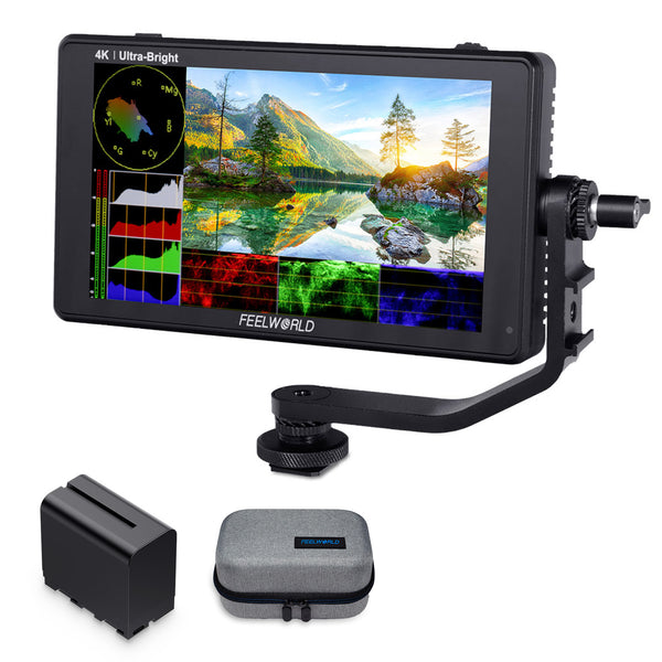 FEELWORLD LUT6 6" 2600 niti HDR/3D LUT puutetundliku ekraaniga DSLR-kaamera välimonitor koos lainekujulise 4K HDMI-ga koos F970 aku ja kotiga