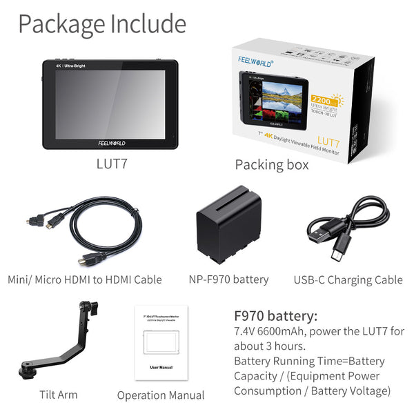 FEELWORLD LUT7 Monitor de câmp DSLR cu ecran tactil ultra luminos de 7 inchi, 2200 nit, cu 3D Lut cu baterie F970