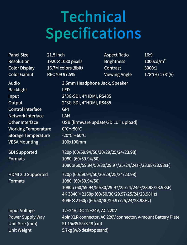 SEETEC M215S 21.5" 1000nit Multi View Broadcast Director Monitor 1920x1080 IPS 3G SDI HDMI 2.0 GPI Control
