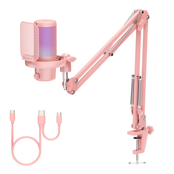 FEELWORLD VM1 Pink Gaming PC USB Condenser Microphone with Boom Arm Stand