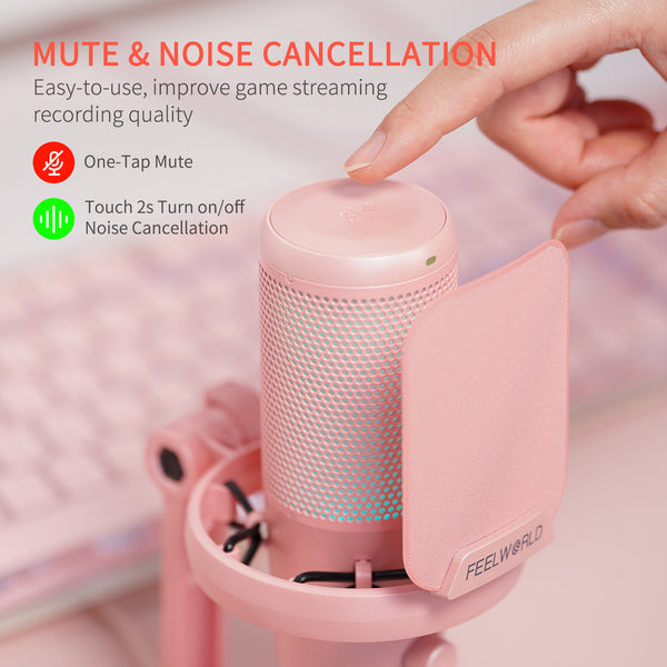 FEELWORLD VM1 Pink Gaming PC USB Condenser Microphone with Desktop Stand