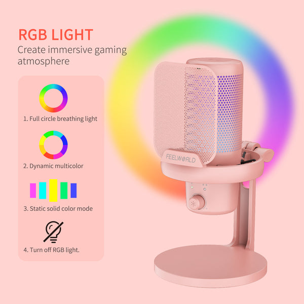 FEELWORLD VM1 Pink Gaming PC USB Condenser Microphone with Desktop Stand