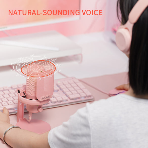 FEELWORLD VM1 Pink Gaming PC USB Condenser Microphone with Desktop Stand