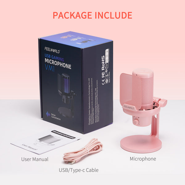 FEELWORLD VM1 Pink Gaming PC USB Condenser Microphone with Desktop Stand