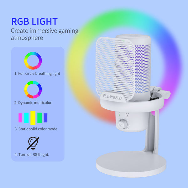 FEELWORLD VM1 White Gaming PC USB Condenser Microphone with Desktop Stand