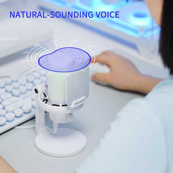 FEELWORLD VM1 White Gaming PC USB Condenser Microphone with Desktop Stand