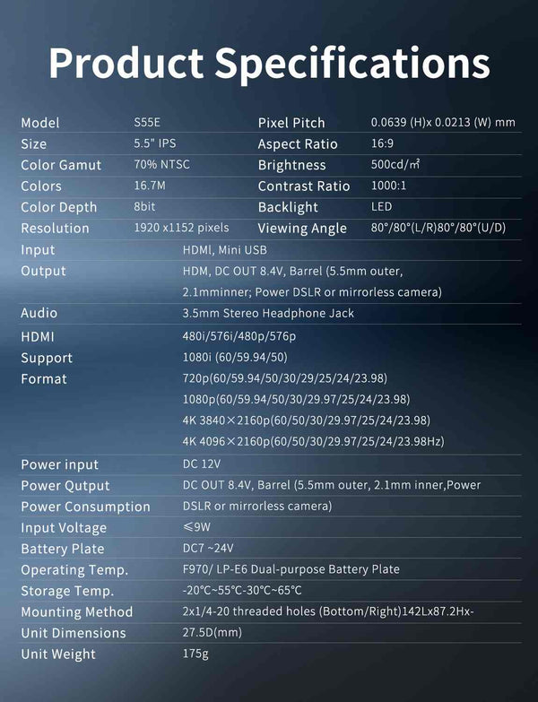 FEELWORLD S55E 5.5 Inch 500 nit Field DSLR Camera Monitor FHD IPS Support 4K HDMI Input Output