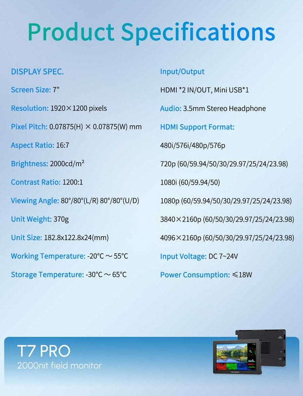 FEELWORLD T7 PRO 7 Inch 2000nit Aluminium Field DSLR Camera Monitor Ultra Bright 4K HDMI 60