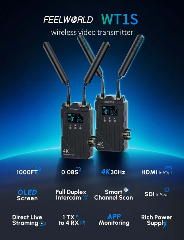 FEELWORLD WT1S 4K Wireless Video Transmission System SDI+Dual HDMI Full Duplex Intercom Live Streaming