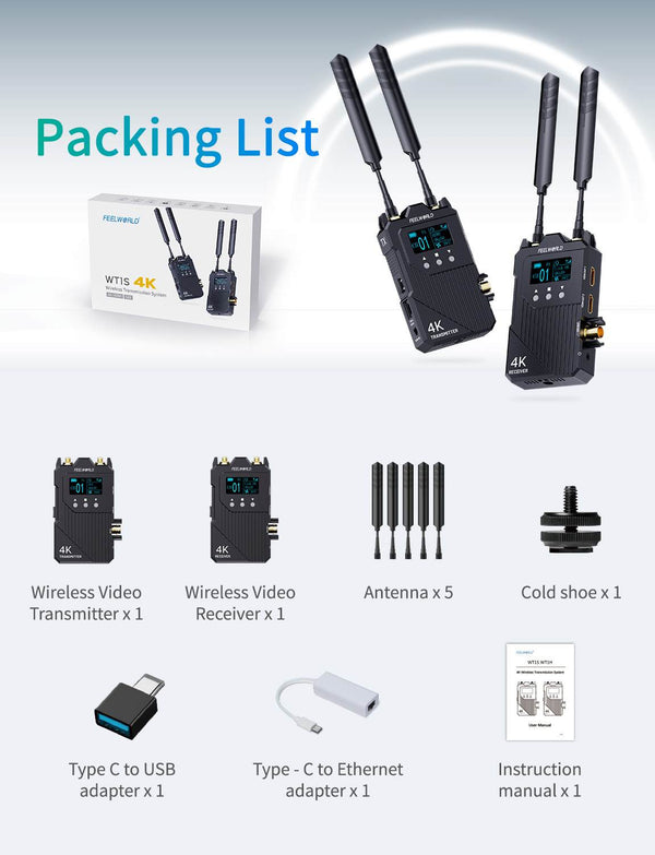 FEELWORLD WT1S 4K Wireless Video Transmission System SDI+Dual HDMI Full Duplex Intercom Live Streaming