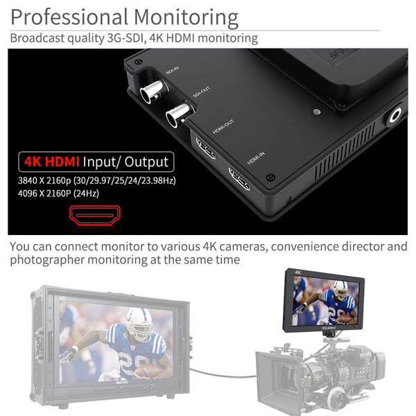 FEELWORLD FW703 7 hüvelykes IPS 3G SDI DSLR fényképezőgép terepi monitor Full HD 1920x1200 4K HDMI Video Assist F750 akkumulátorral