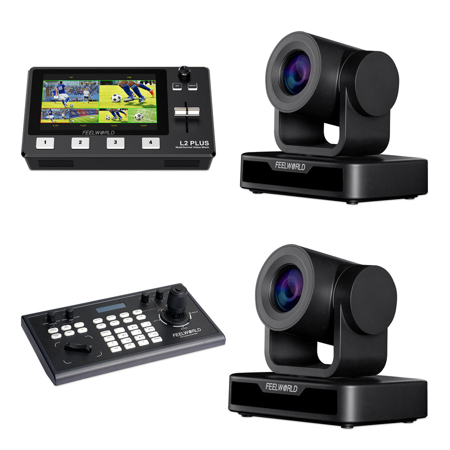 FEELWORLD KBC10 PTZ Controller and L2 Plus Video Switcher and 2 USB10X PTZ Camera Bundle Set