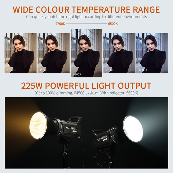 Lampu Studio Video FEELWORLD FL225B 225W dengan Pencahayaan Berterusan Dwi Warna 2700K~6500K