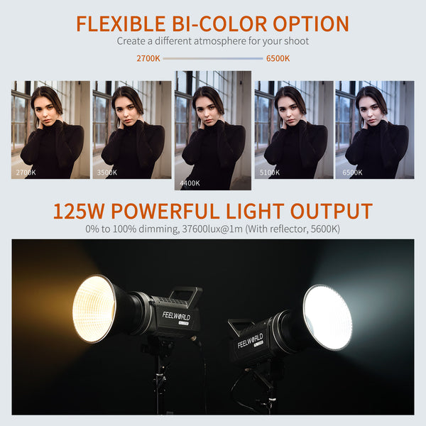 Lampu Studio Video FEELWORLD FL125B 125W dengan Pencahayaan Berterusan Dwi Warna 2700K~6500K