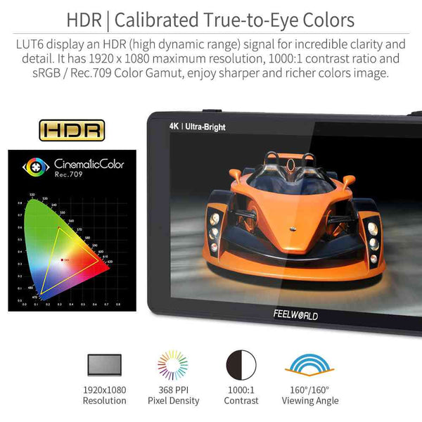 FEELWORLD LUT6S 6 Inch 2600nits HDR / 3D LUT Ekran me Prekje DSLR Fushë kamerash Fusha fushore 3G-SDI 4K HDMI