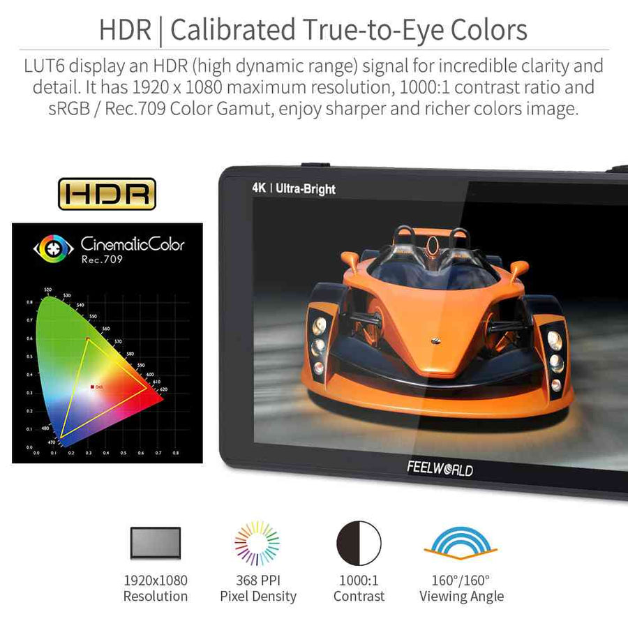 FEELWORLD LUT6S 6 Inch 2600nits HDR/3D LUT Touch Screen DSLR Camera Field Monitor 3G-SDI 4K HDMI