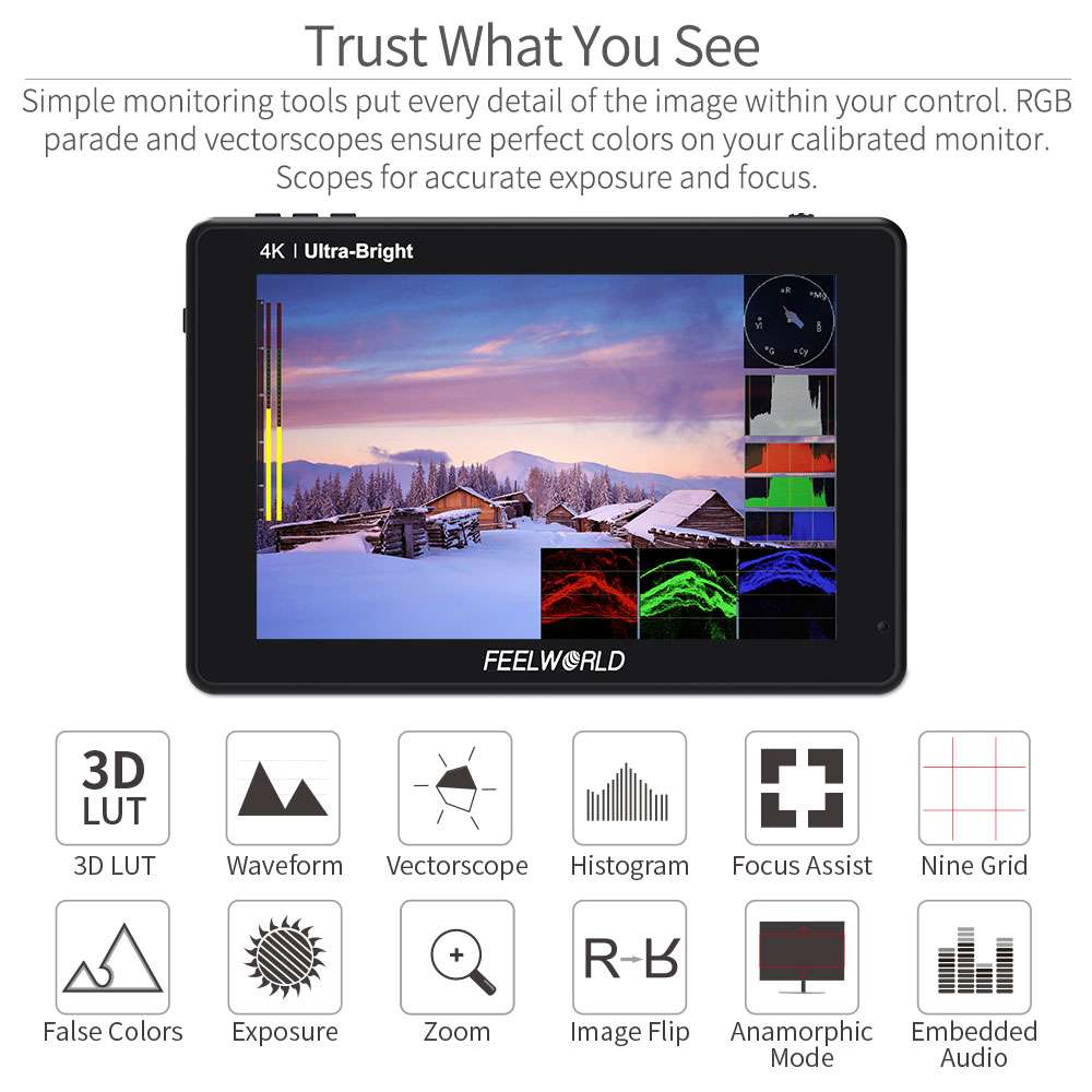 FEELWORLD LUT7 Monitor Da Campo 7'' 2200nit 3D LUT – Con Batteria F970 6600mAh, Touchscreen, HDMI, Per DSLR E Mirrorless